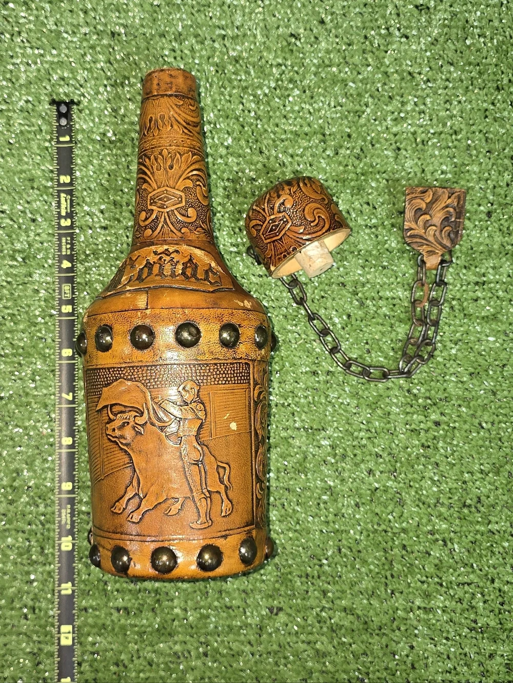 Vintage Handtooled Spanish Leather Glass Conac Decanter w Cork Plug Chain Tassel